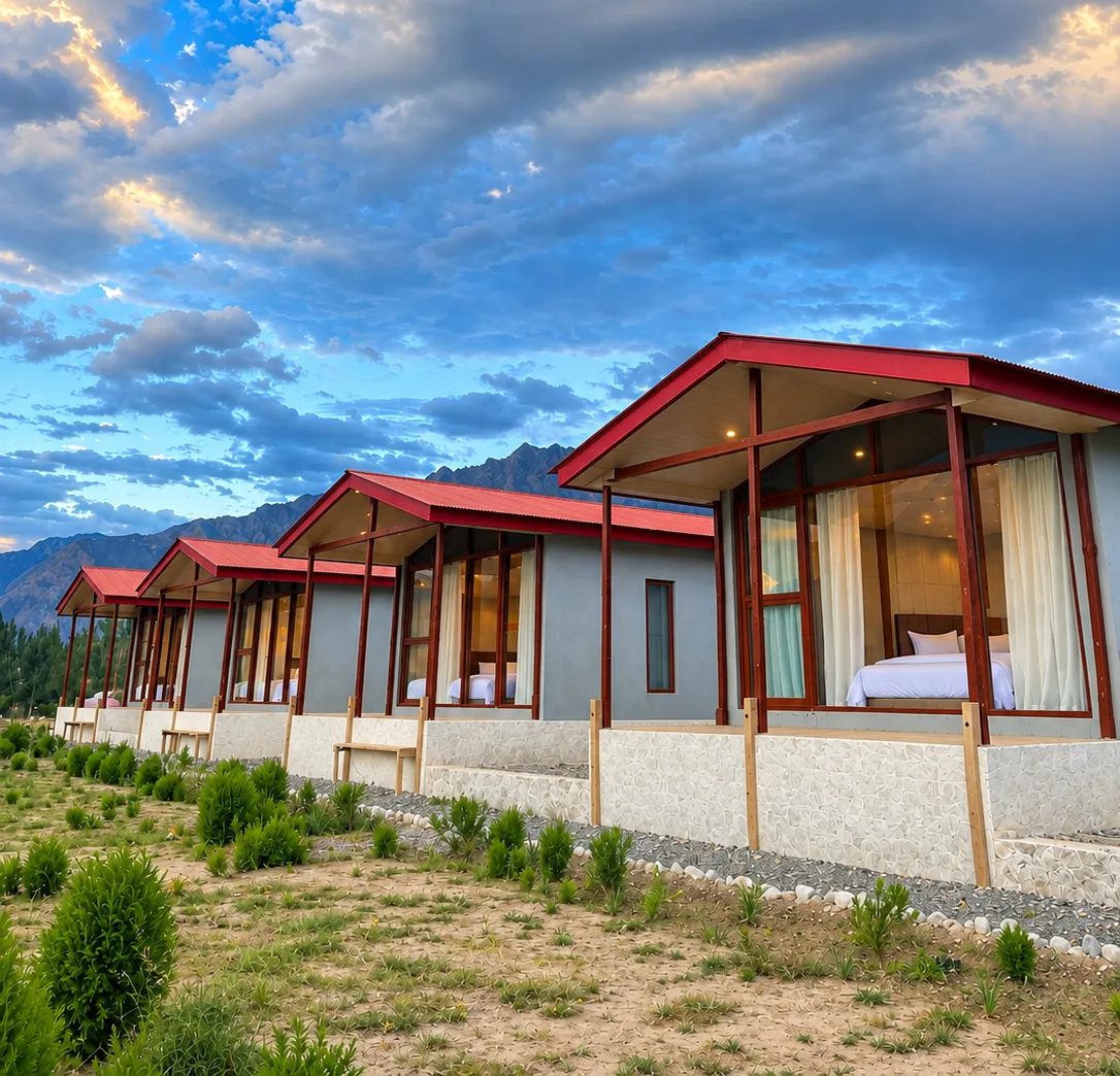 Guest rooms at sunset with mountain views